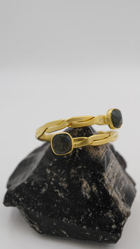 Çift Taşlı Labradorit Bakır Bileklik – Ayarlanabilir, 18 Ayar Sarı Rodyum Altın Kaplama (El Yapımı)