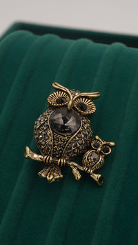 Yavrulu Baykuş Figürlü Bronz Kaplama Fosforlu Broş