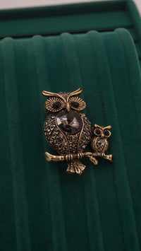 Yavrulu Baykuş Figürlü Bronz Kaplama Fosforlu Broş