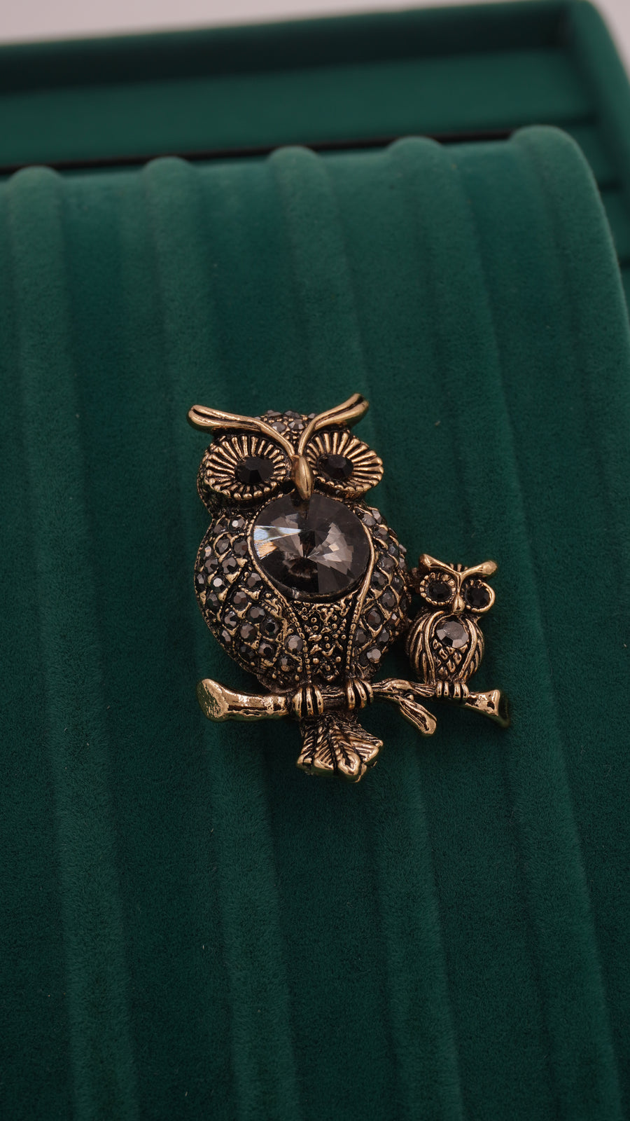 Yavrulu Baykuş Figürlü Bronz Kaplama Fosforlu Broş