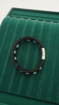 Kristal Taş Detaylı Gerçek Deri ve Çelik Erkek Bileklik