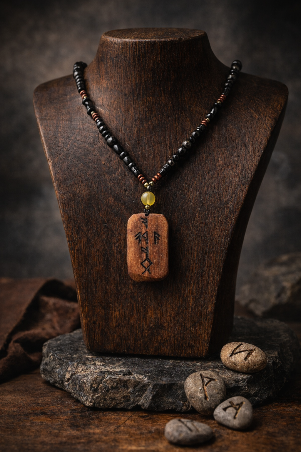 Rune Para Figürlü Doğal Taşlı Kolye