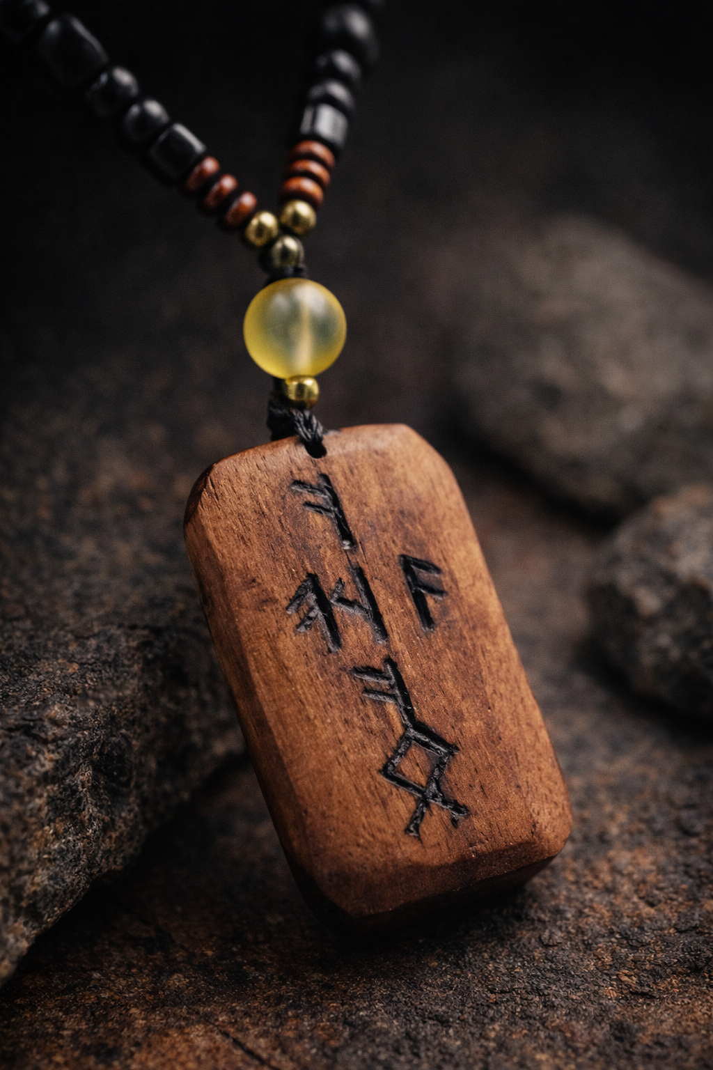 Rune Para Figürlü Doğal Taşlı Kolye