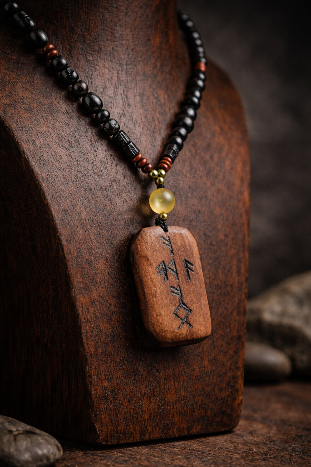 Rune Para Figürlü Doğal Taşlı Kolye