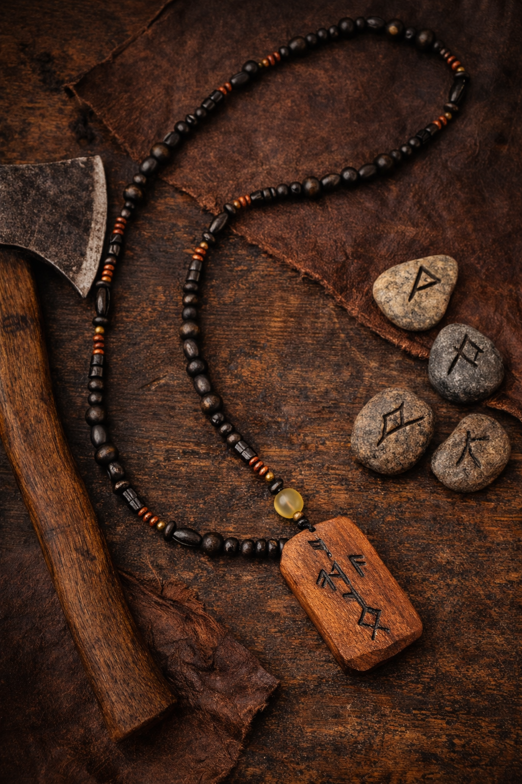 Rune Para Figürlü Doğal Taşlı Kolye