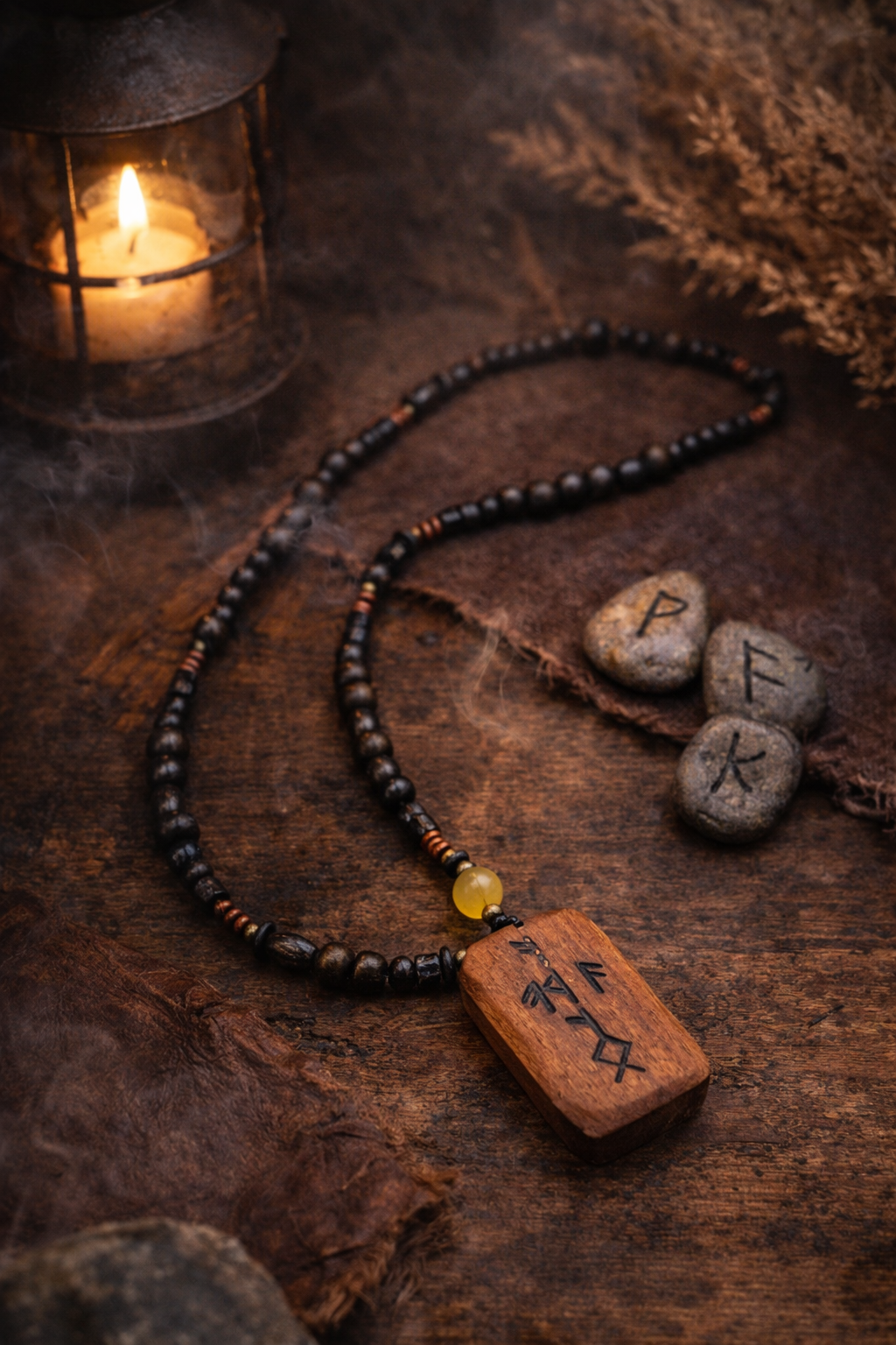 Rune Para Figürlü Doğal Taşlı Kolye