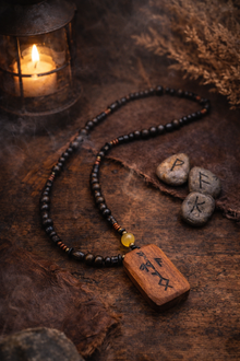 Rune Para Figürlü Doğal Taşlı Kolye