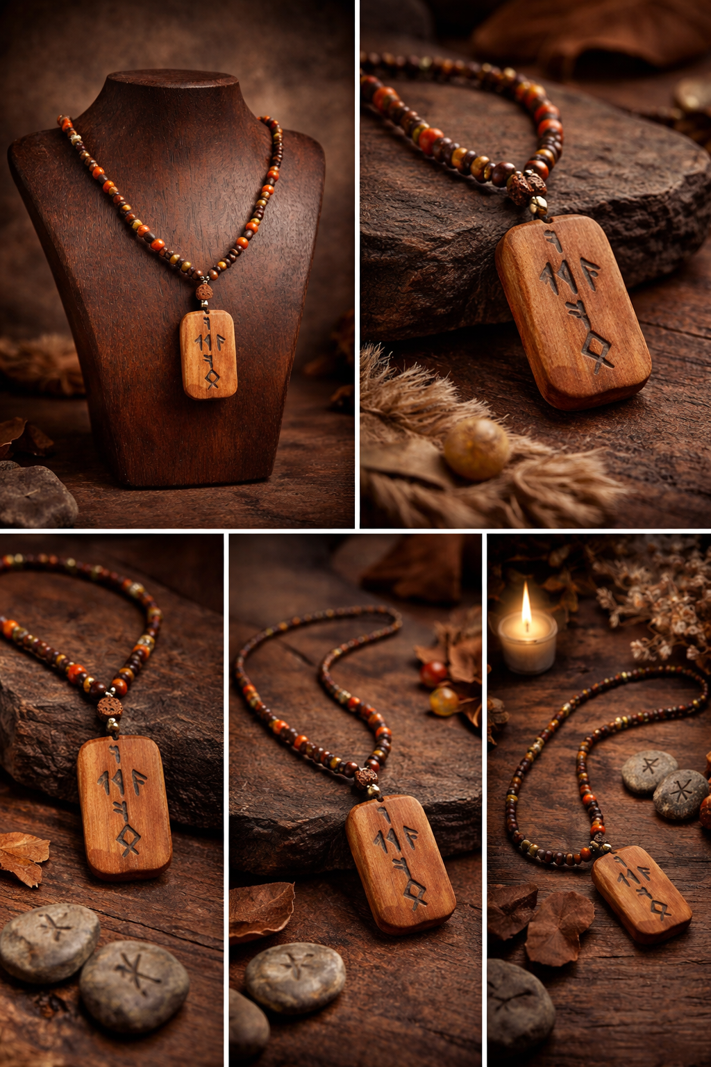 Rune Para Figürlü Doğal Taşlı Kolye