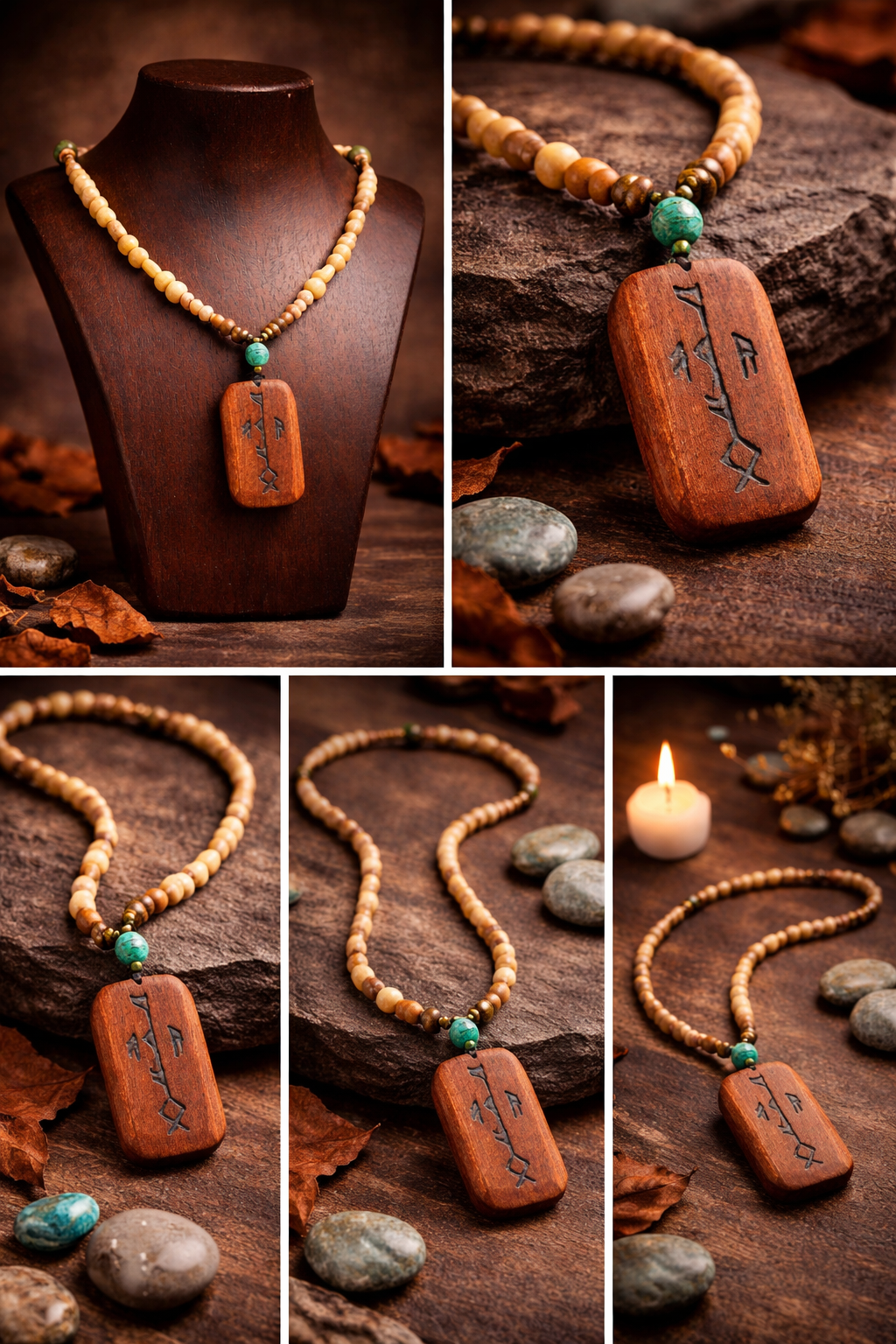 Rune Para Figürlü Doğal Taşlı Kolye