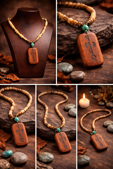 Rune Para Figürlü Doğal Taşlı Kolye